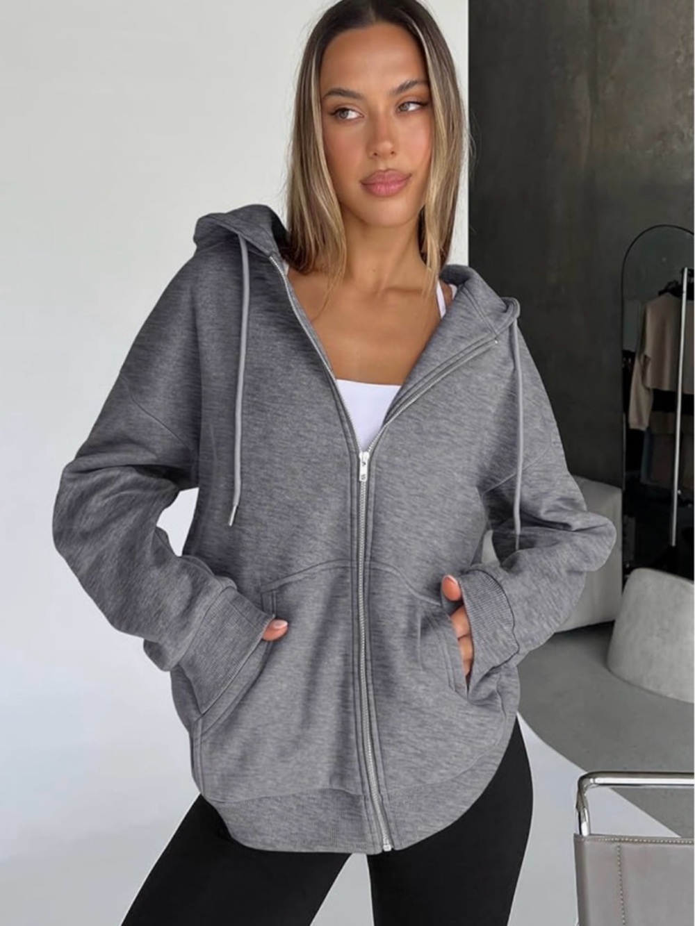 Trendy Queen Gray Oversized Zip Up Hoodie Women Cozy Fleece Sweatshirt Jacket - Picture 3 of 5